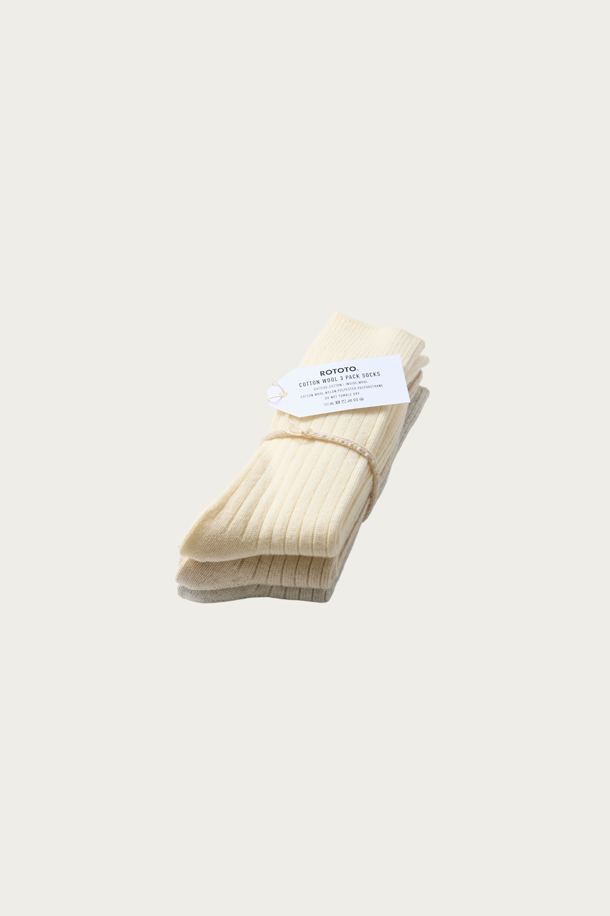 Rototo - Cotton Wool Ribbed Crew 3 Pack Socks - Ivory Tones - Canoe Club