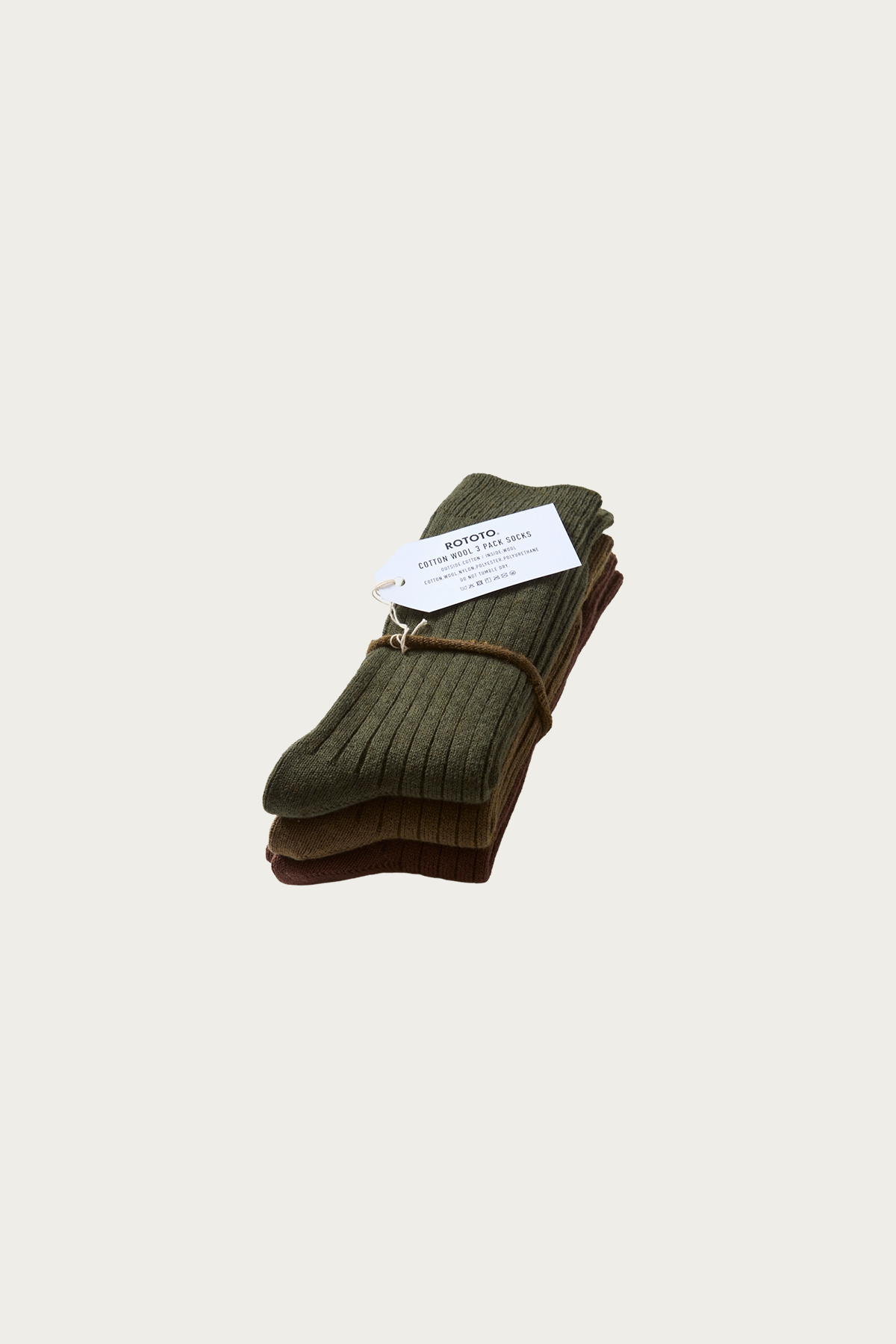 Rototo - Cotton Wool Ribbed Crew 3 Pack Socks - Olive Tones - Canoe Club