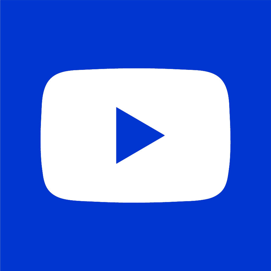 White play button icon on a blue background