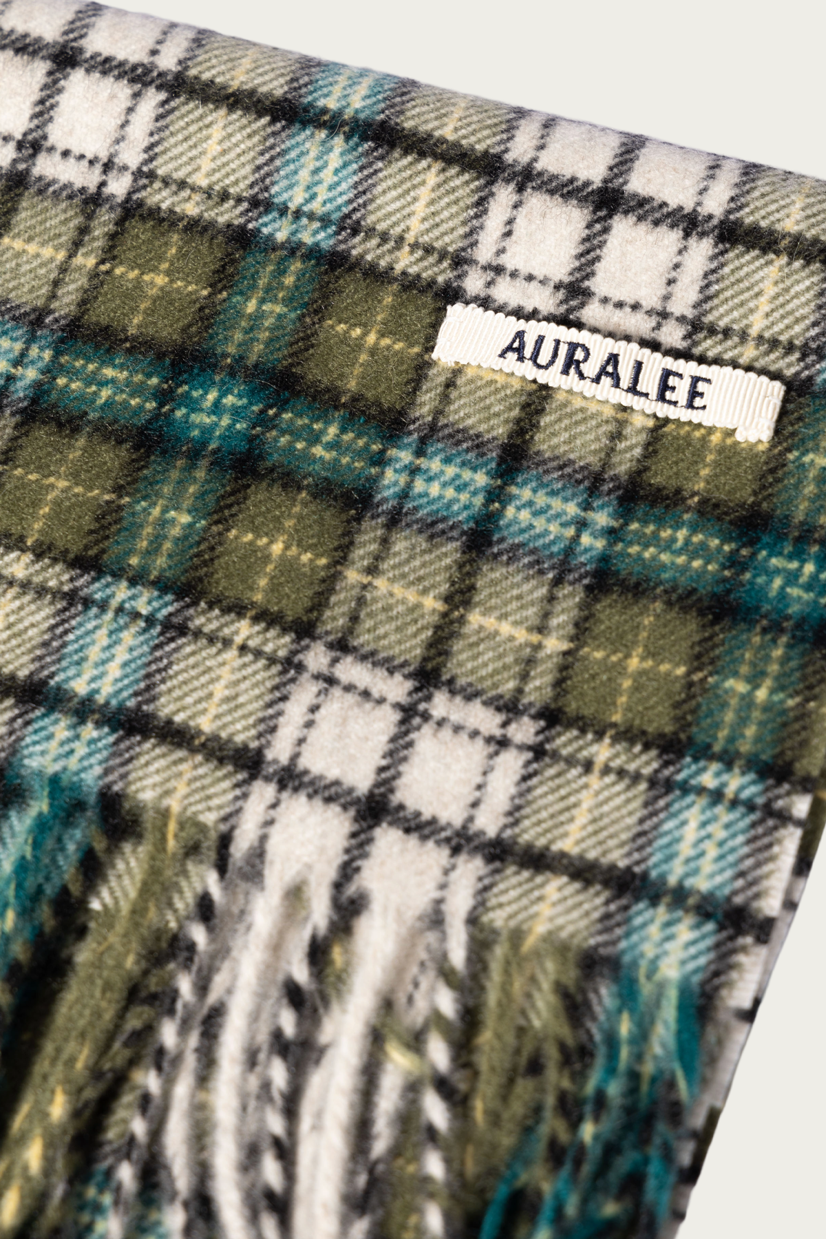 Auralee - Cashmere Check Long Stole - Moss Green Check - Canoe Club