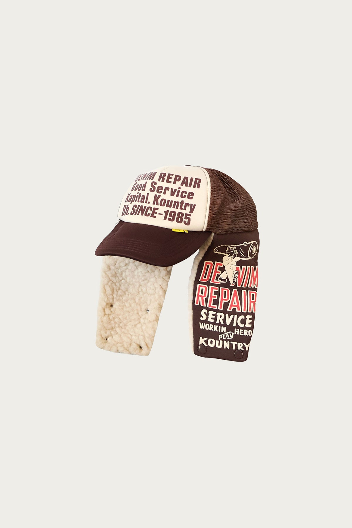 Kapital - DENIM REPAIR SERVICE LUMBER Trucker Cap - Off White/Brown - Canoe Club